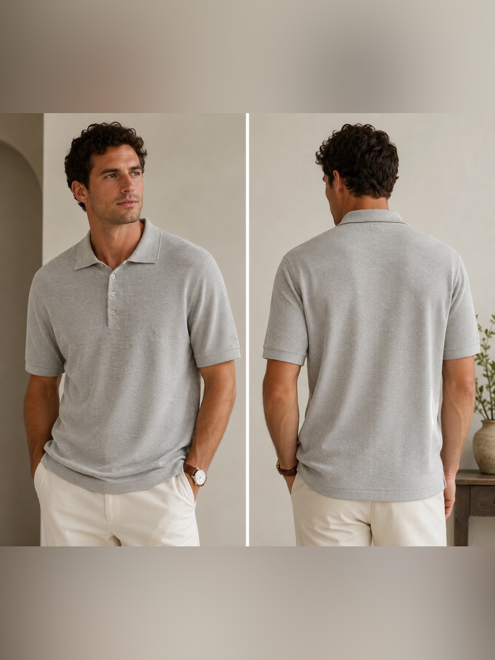 Florence Tricot Men's Linen Cotton Tan Blend Short Sleeve Polo Shirt Size Medium